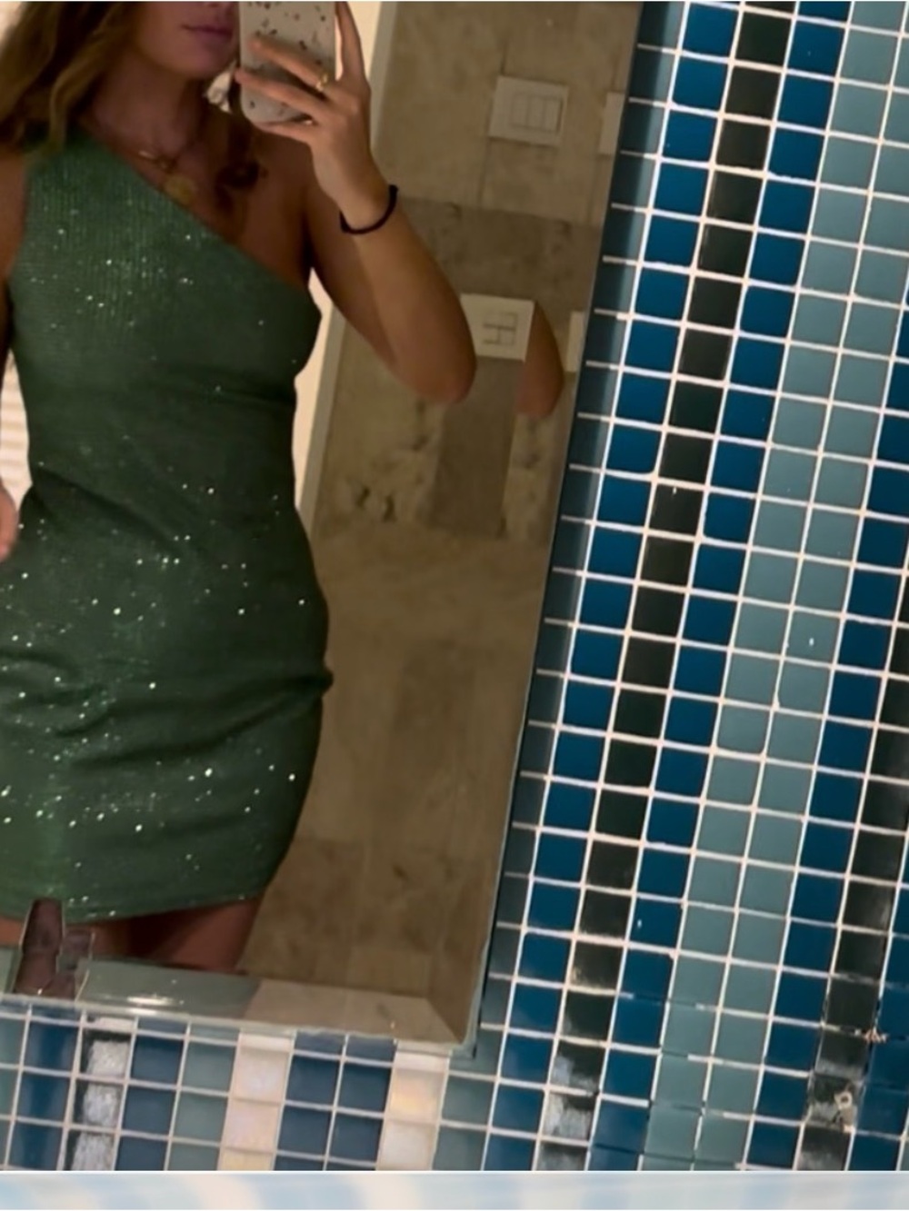 superdown One-Shoulder Green Sequin Mini Dress